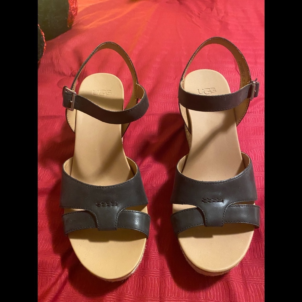 UGG Black and Tan Heeled Sandals
